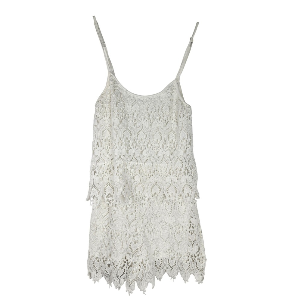 Crochet Lace Tiered Cami Tank Romper Womens XS White Boho Feminine Dainty Flowy